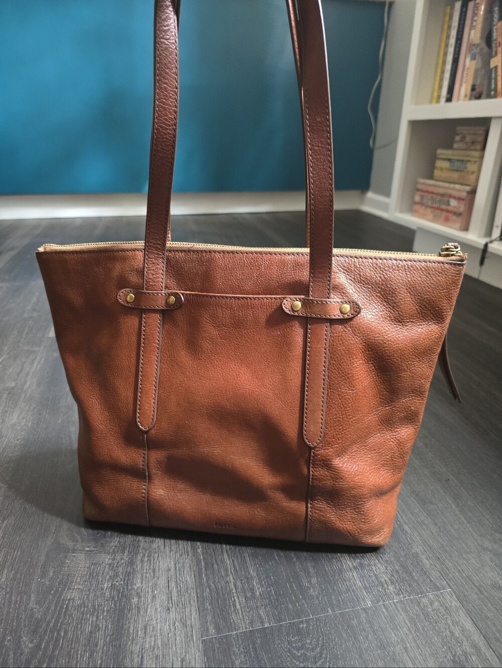Fossil Rachel Leather Tote Cognac Brown Top Zip Shoulder Bag Shopper Cowhide